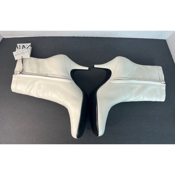 NWT Zara Ivory Off White Leather Square Toe Low Heel Zip Ankle Boots Sz 9 - Picture 4 of 12